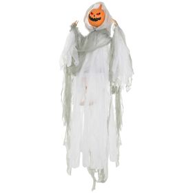 HOMCOM 3.9' Outdoor Halloween Hanging Pumpkin Ghost w/ Light Up Eyes, Sound Activated Prop w/ Creepy Howling Sounds