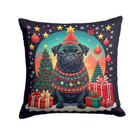 Black Pug Christmas Throw Pillow Machine Washable, Indoor Outdoor Decorative Pillow for Couch, Bed or Patio, 14Hx14W