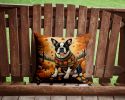 Boston Terrier Fall Throw Pillow Machine Washable, Indoor Outdoor Decorative Pillow for Couch, Bed or Patio, 14Hx14W