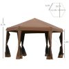 Outsunny 13x13 Pop Up Canopy, Hexagonal, Brown, Mesh Sidewalls, Adjustable Height, Steel Frame