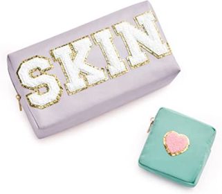 Chenille Letter Clear Bag Purse Multi-purpose Transparent Waterproof Stuff Makeup Tote Bag;  2 Pack Stuff Pouch Varsity Letter Cosmetic Bag;  Toi (Color: Purple, size: M)