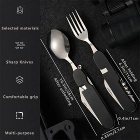 Stainless Steel 6-in-1 Multi-Tool Cutlery Set, Folding Pocket Knife with Fork, Spoon, Can Opener, Corkscrew, and Bottle Opener (Color: BLACK)