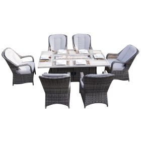 Direct Wicker Patio Fire Pit Dining Set 6-Seat Rectangular Aluminum Table with Rattan Chairs (Color: GRAY)