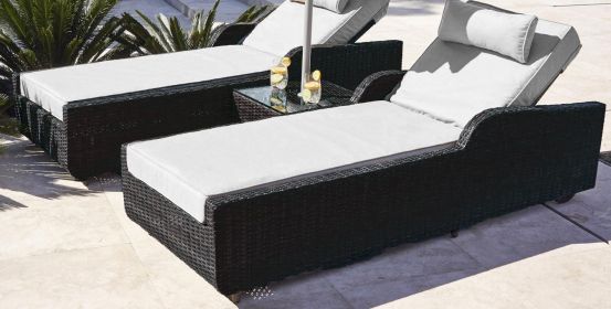 Direct Wicker Outdoor Patio Adjustable Backrest Rattan Chaise Lounge Set with Cushions (Color: BLACK)